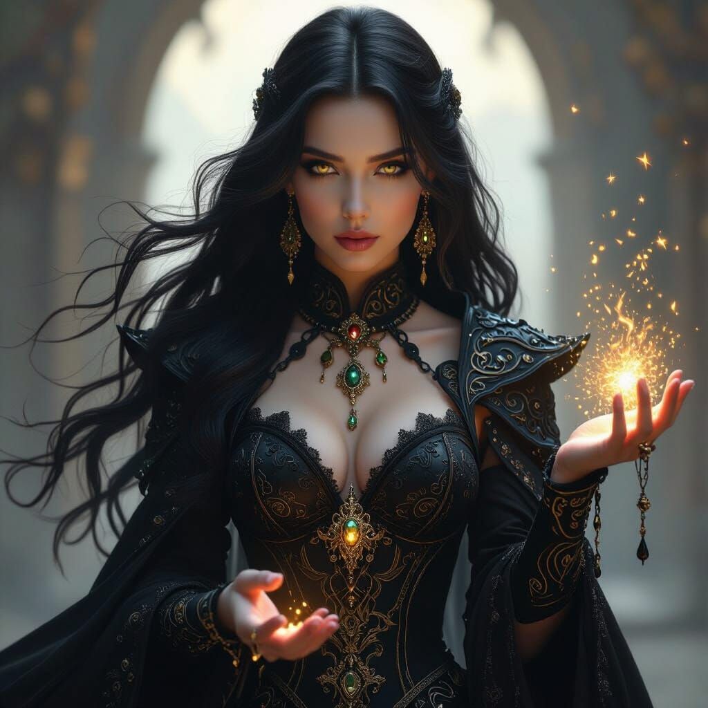Dark Sorceress Casting Spell in Gothic Armor