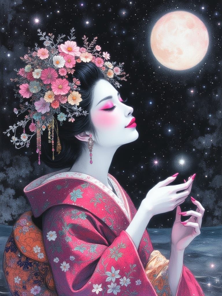 Geisha Under Moonlight in a Charcoal Drawing