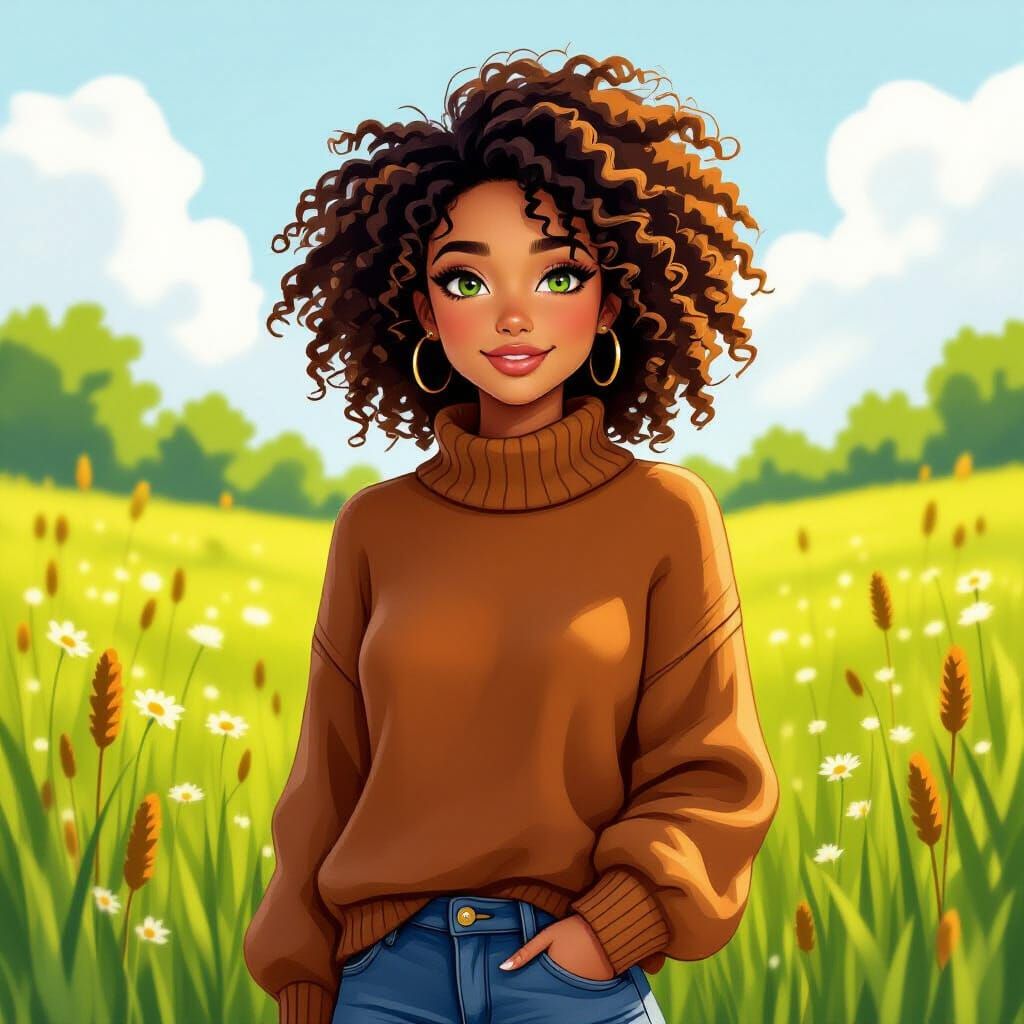 Young Woman in Meadow, Whimsical Digital Art