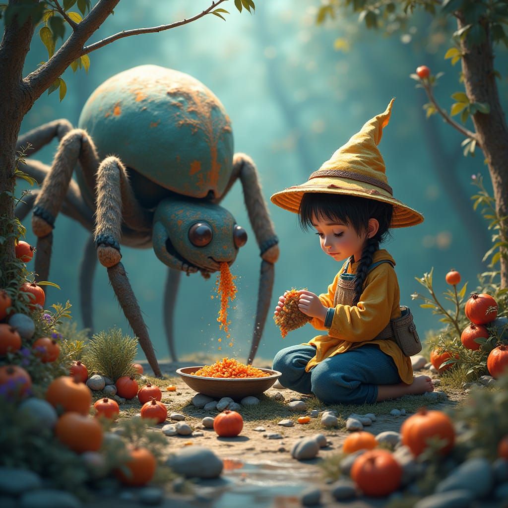 Whimsical Spider and Fish in a Dreamlike Landscape