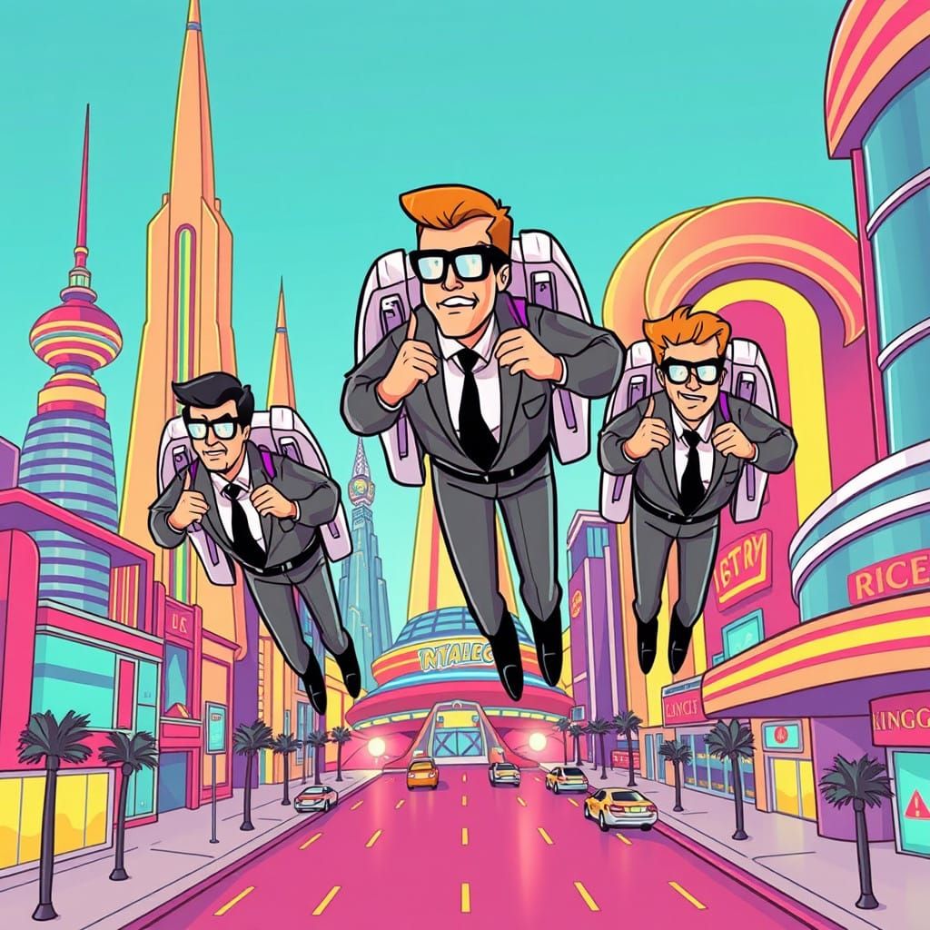 Retro-Futuristic Businessmen in Jet-Packs Fly Through City