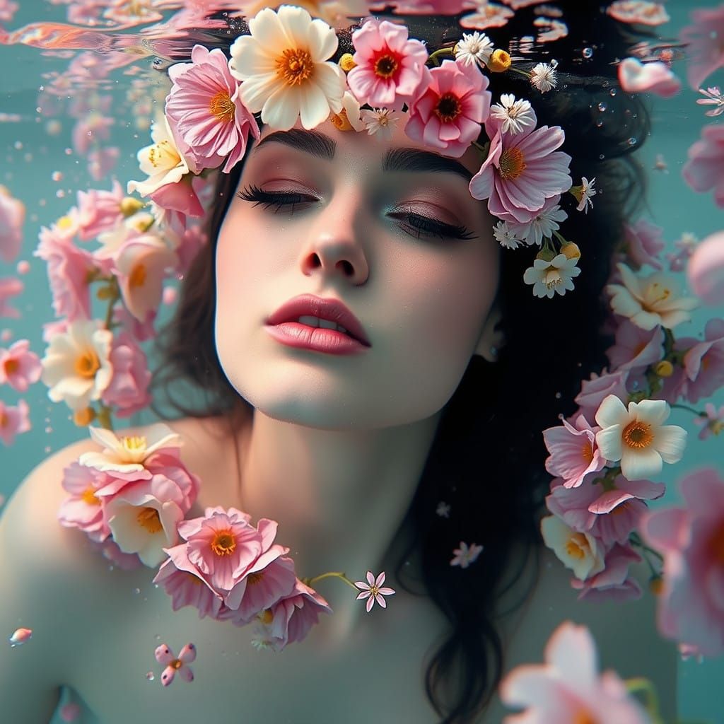 Ethereal Woman Surrounded by Vibrant Flower Wreaths in Dream...