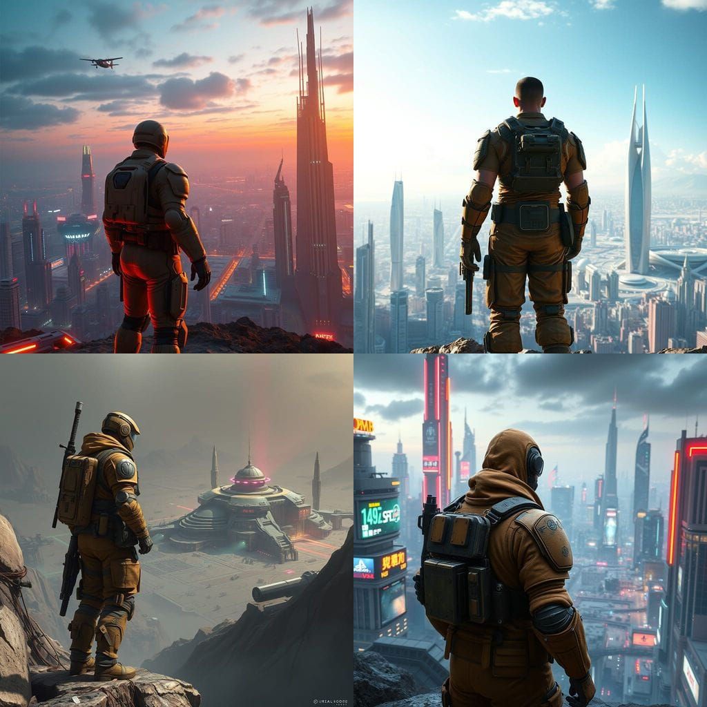 Cyberpunk Soldier in Tan Combat Armor Looks Out Over Futuris...