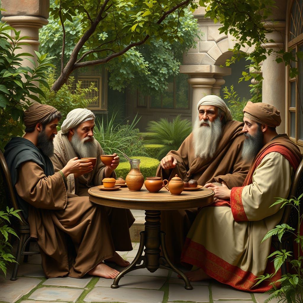 Noah and Sons Enjoying Tea in a Garden Cafe