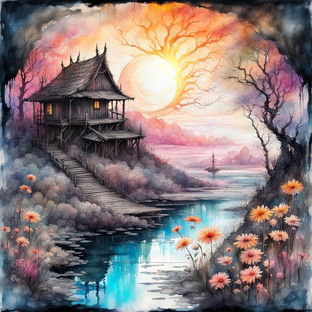 Vibrant Fantasy Landscape in Fluorescent Art Style