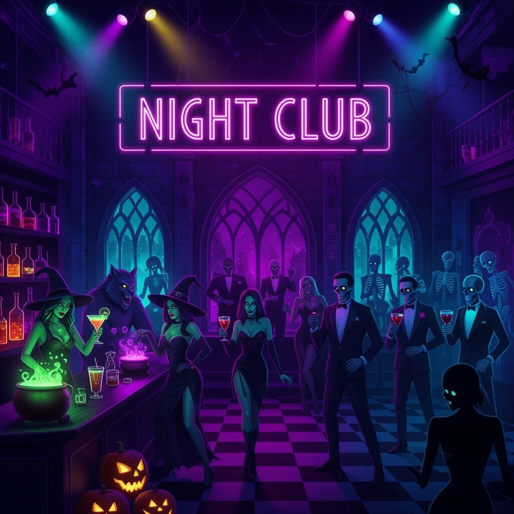 Halloween Nightclub Scene with Supernatural Beings and Neon ...