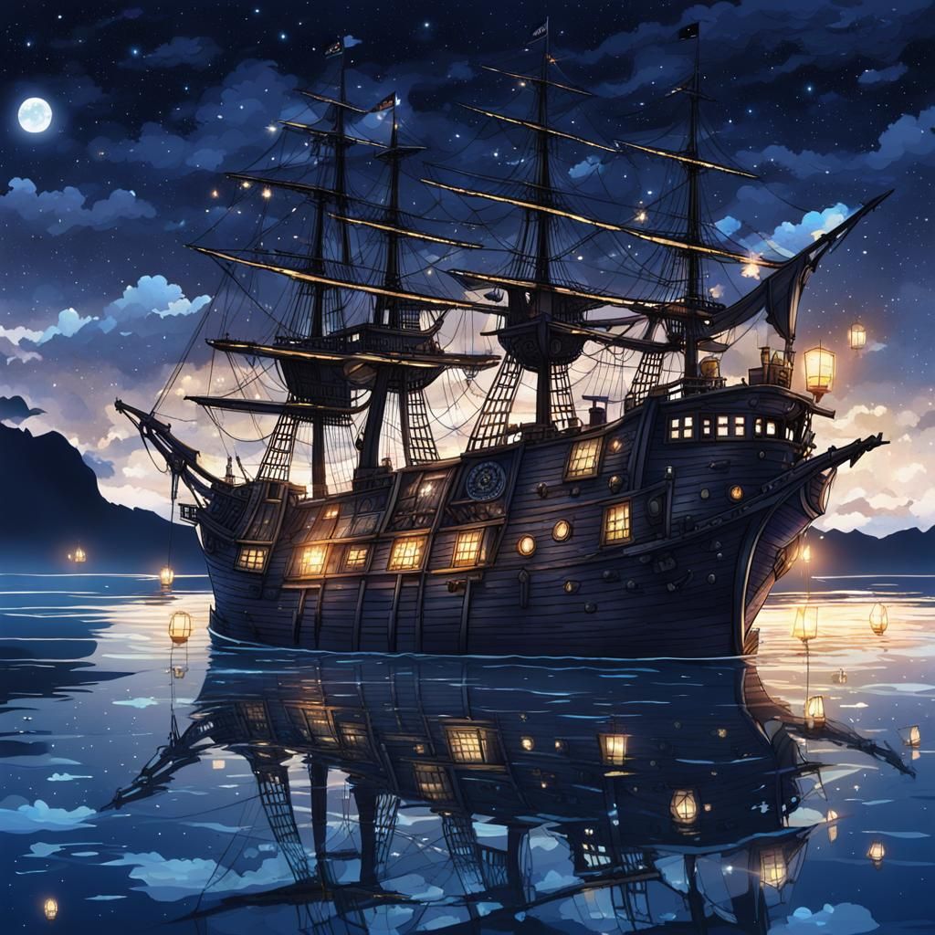 Pirate Ship Amidst Stars in Anime Style