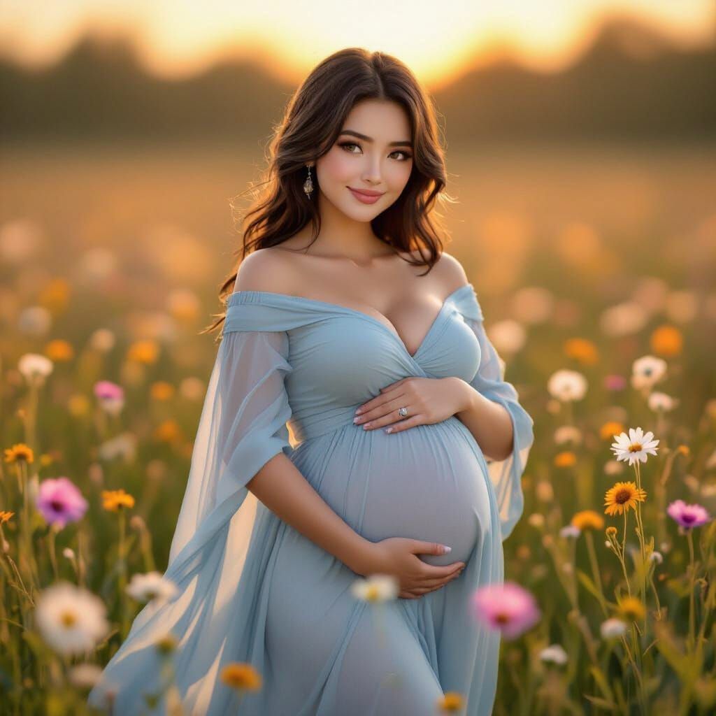 Pregnant Woman in Wildflower Field at Sunset