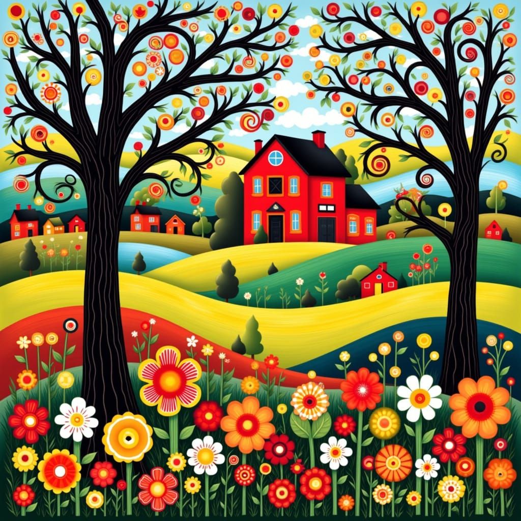 Whimsical Folk Art Farm with Swirling Skies