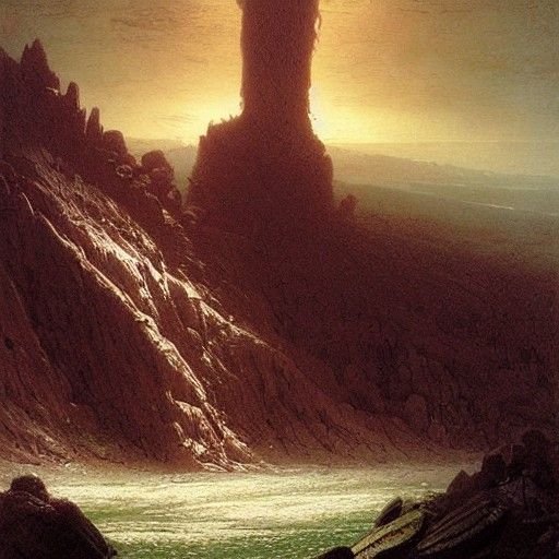 Chocolate Rivers and Gumdrop Mountain in Etching Style