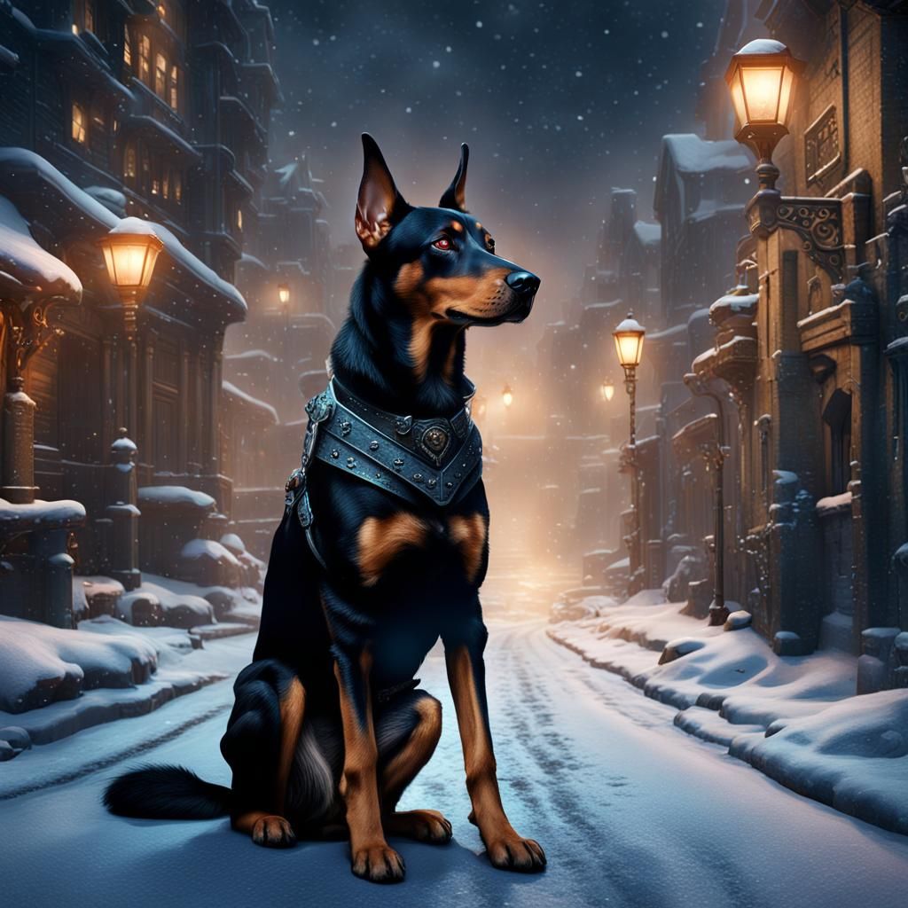 Phoebe Tonkin and Doberman in Snowy Night