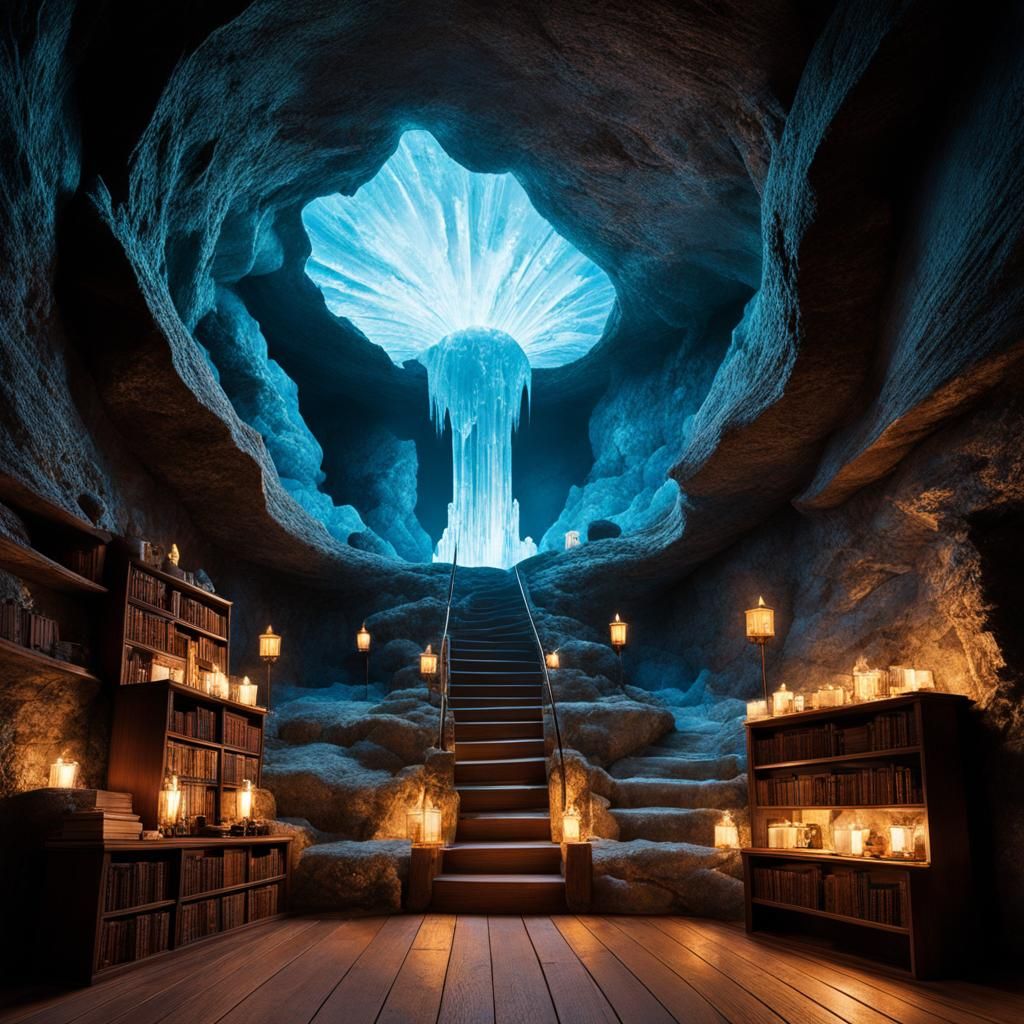 Magical Wizard Cave Library, Detailed Fantasy Art