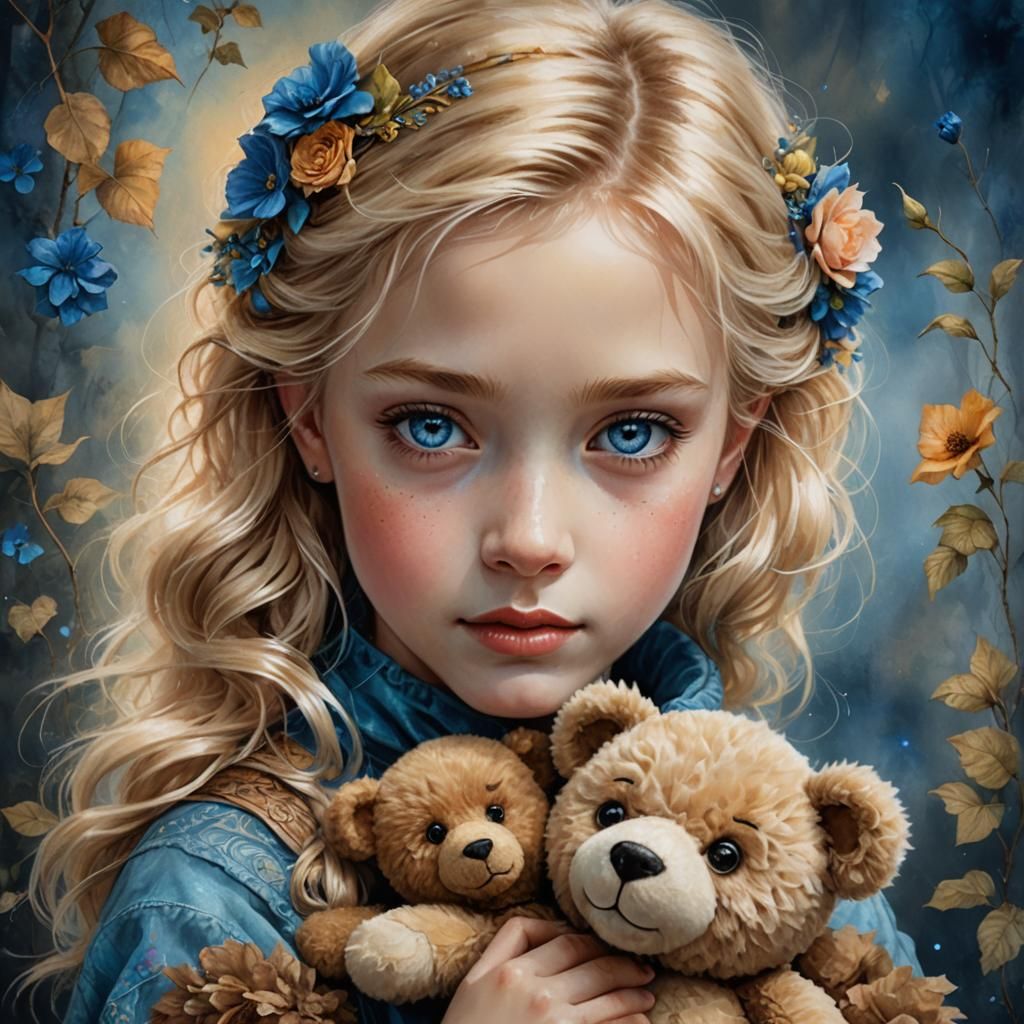 Blonde Girl with Teddy Bear: Digital Watercolor Masterpiece