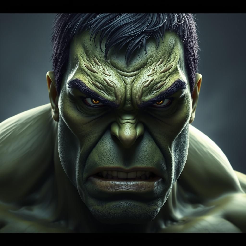 Incredible Hulk slowly turning grey head and shoulders portr...