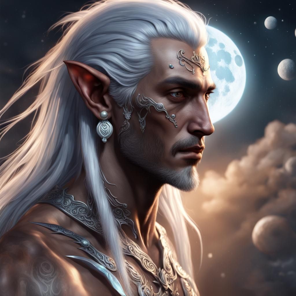 Moon Elf with Glowing Tattoos and Orbiting Moonstones
