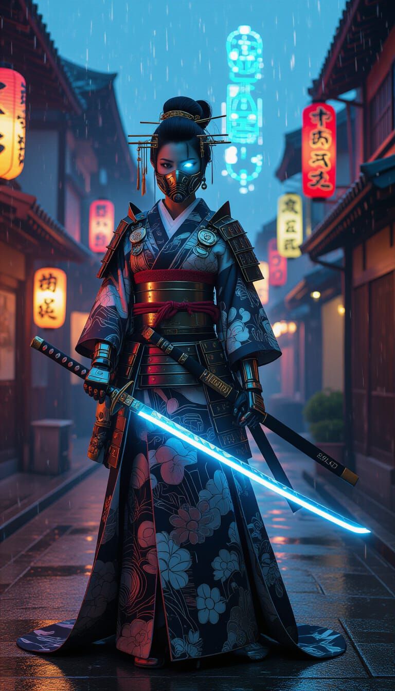Steampunk Onna-Bugeisha with Laser Katana in Neon City