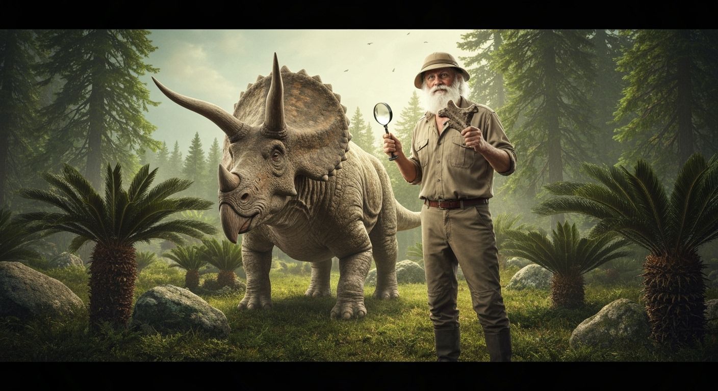 Paleontologist Examines Fossil in Jurassic Landscape