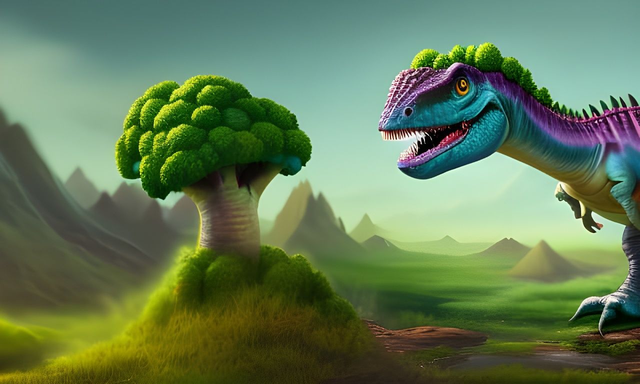 Cute Dinosaur Eating Broccoli in Fantasy Landscape