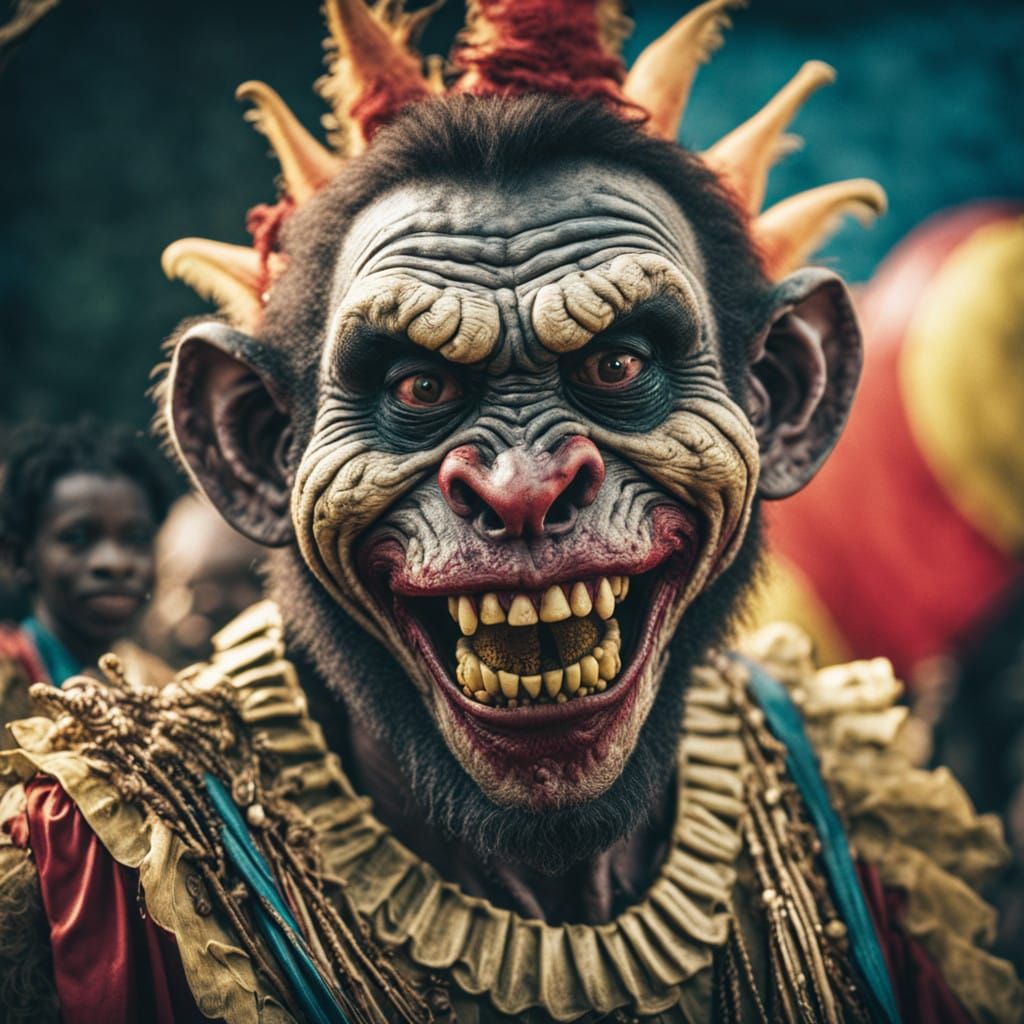 Grinning African Tribesman as a Zombie Monkey Circus Clown