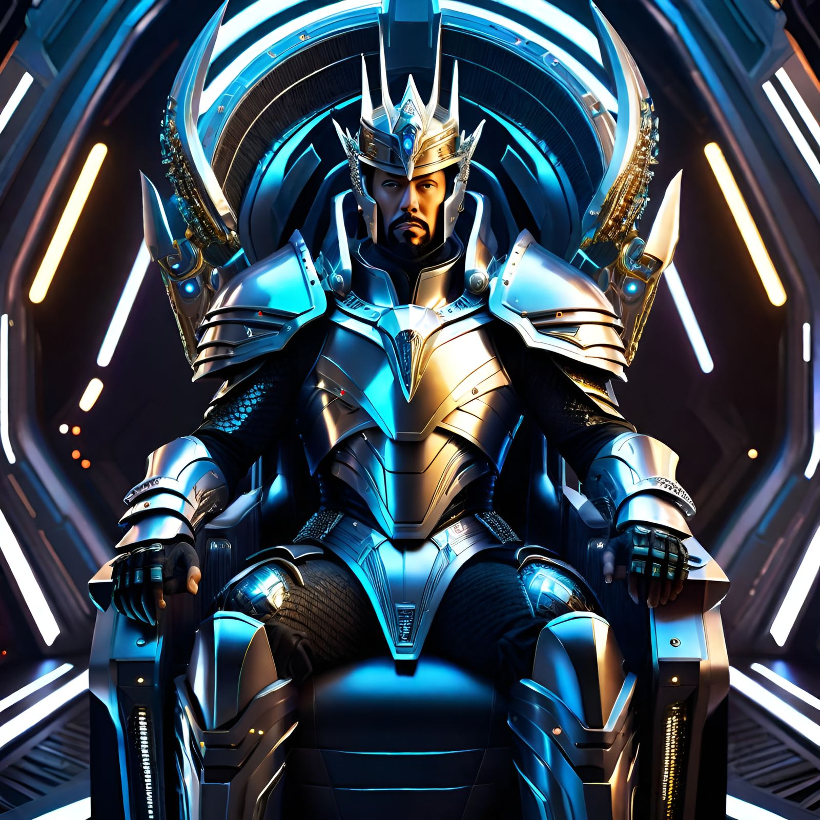 Futuristic King in Space Armor on Starship Throne