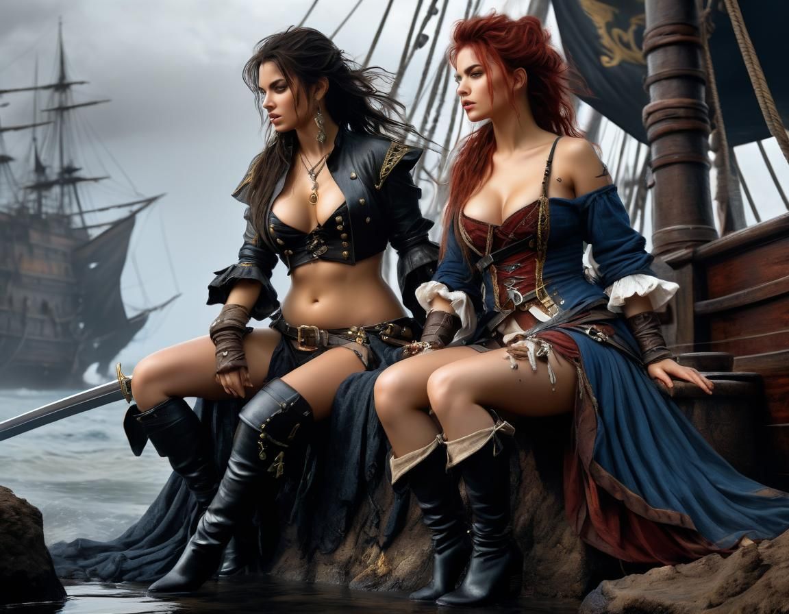 Pirate Captain with Kneeling Women: Fantasy Art