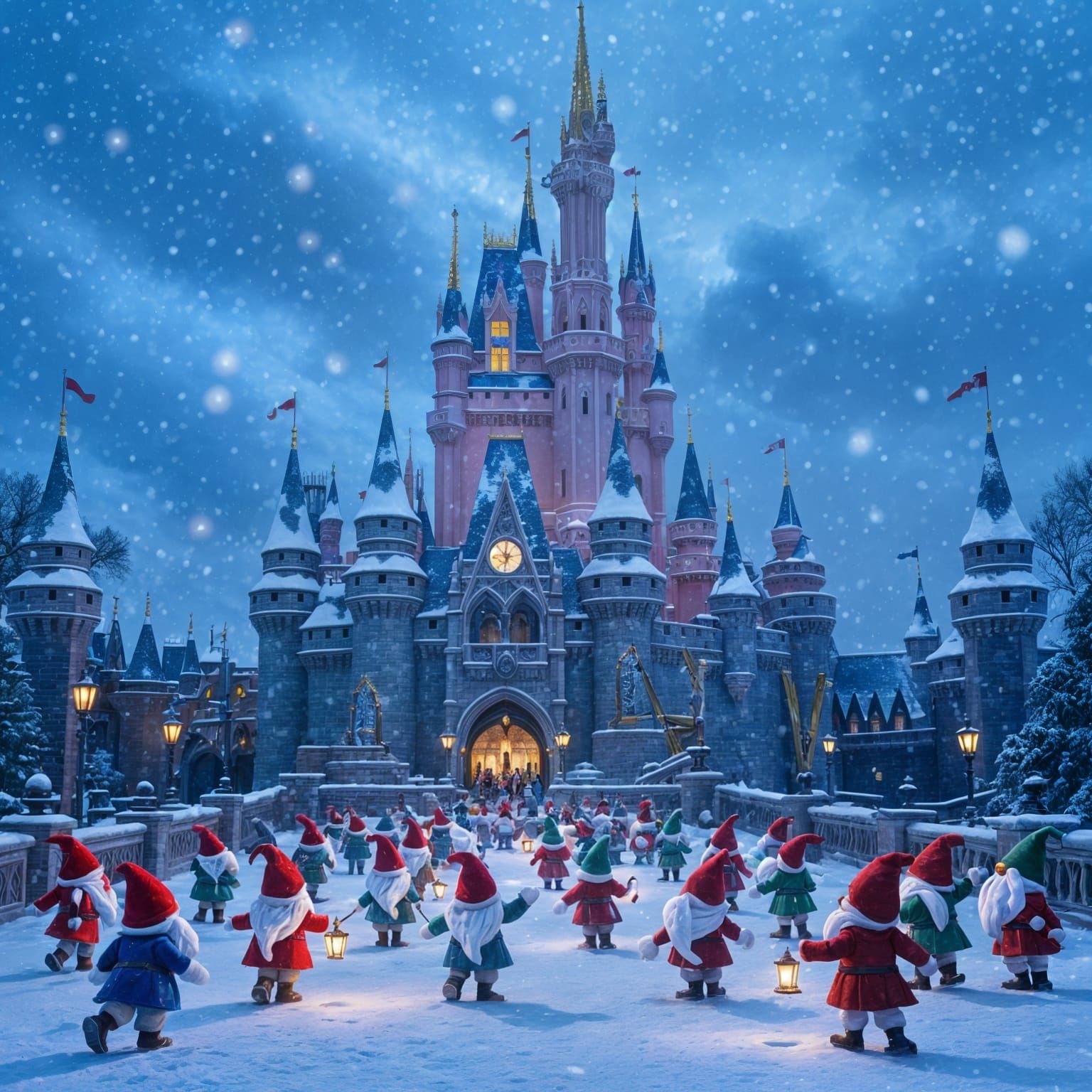 Disney Castle Snowstorm with Gnomes in Winter