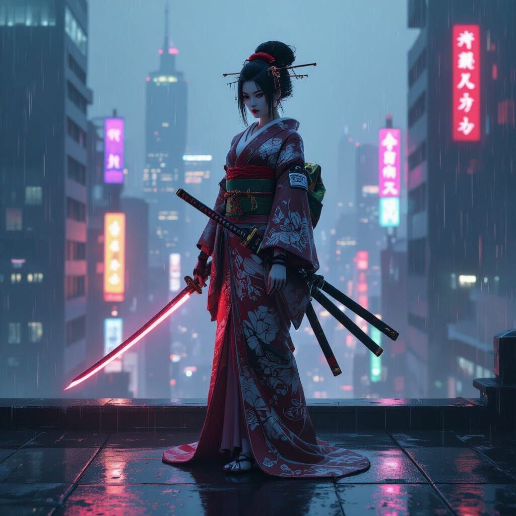 Cyberpunk Geisha Warrior with Katana on Rooftop