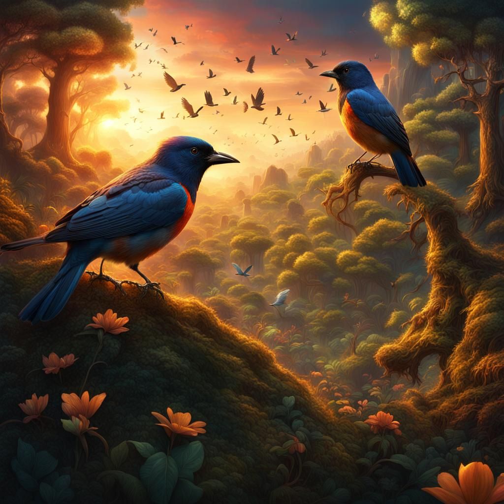 Songbirds in Fantasy Forest: Digital Matte Painting