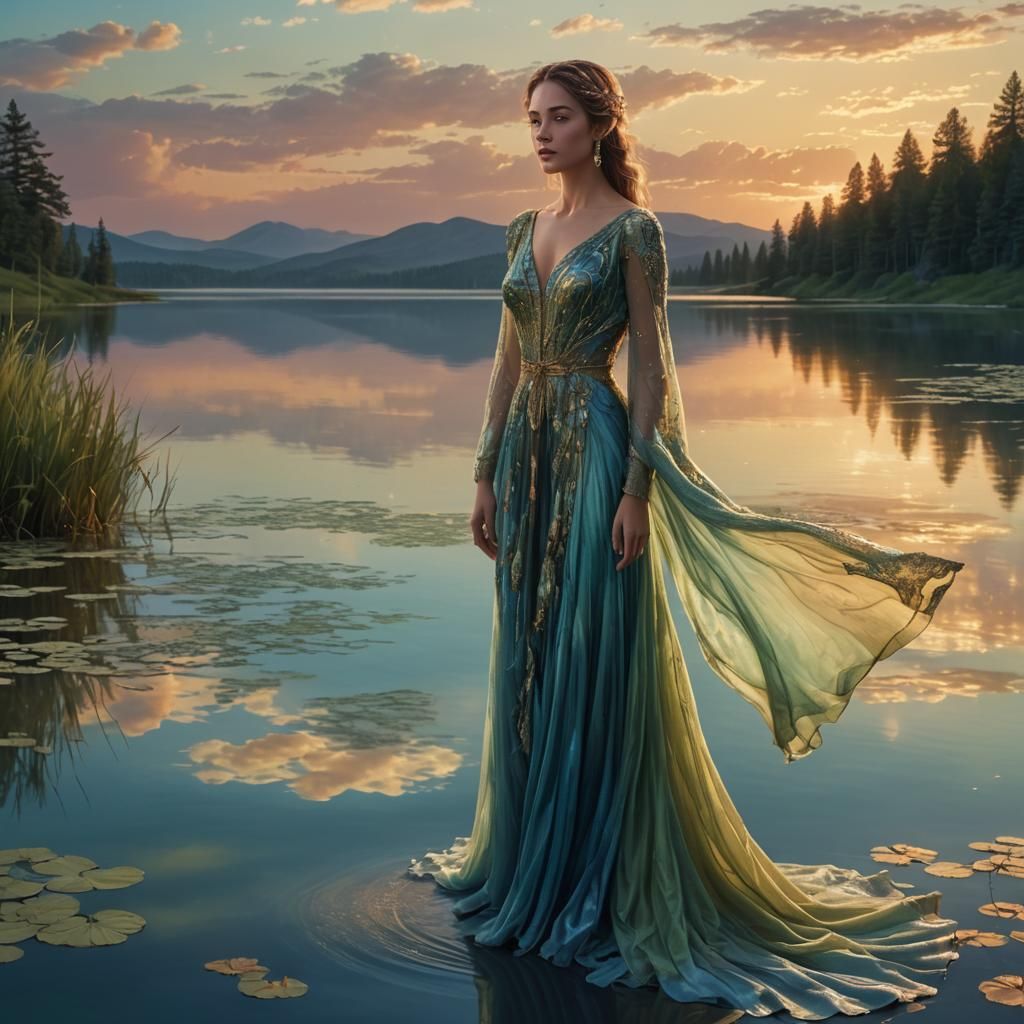 Woman at Sunset Lake: Fantasy Concept Art