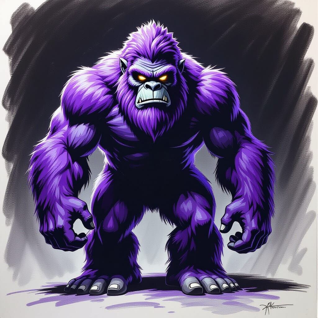 Bigfoot Yeti Hyperdetailed Charcoal Drawing in Purple