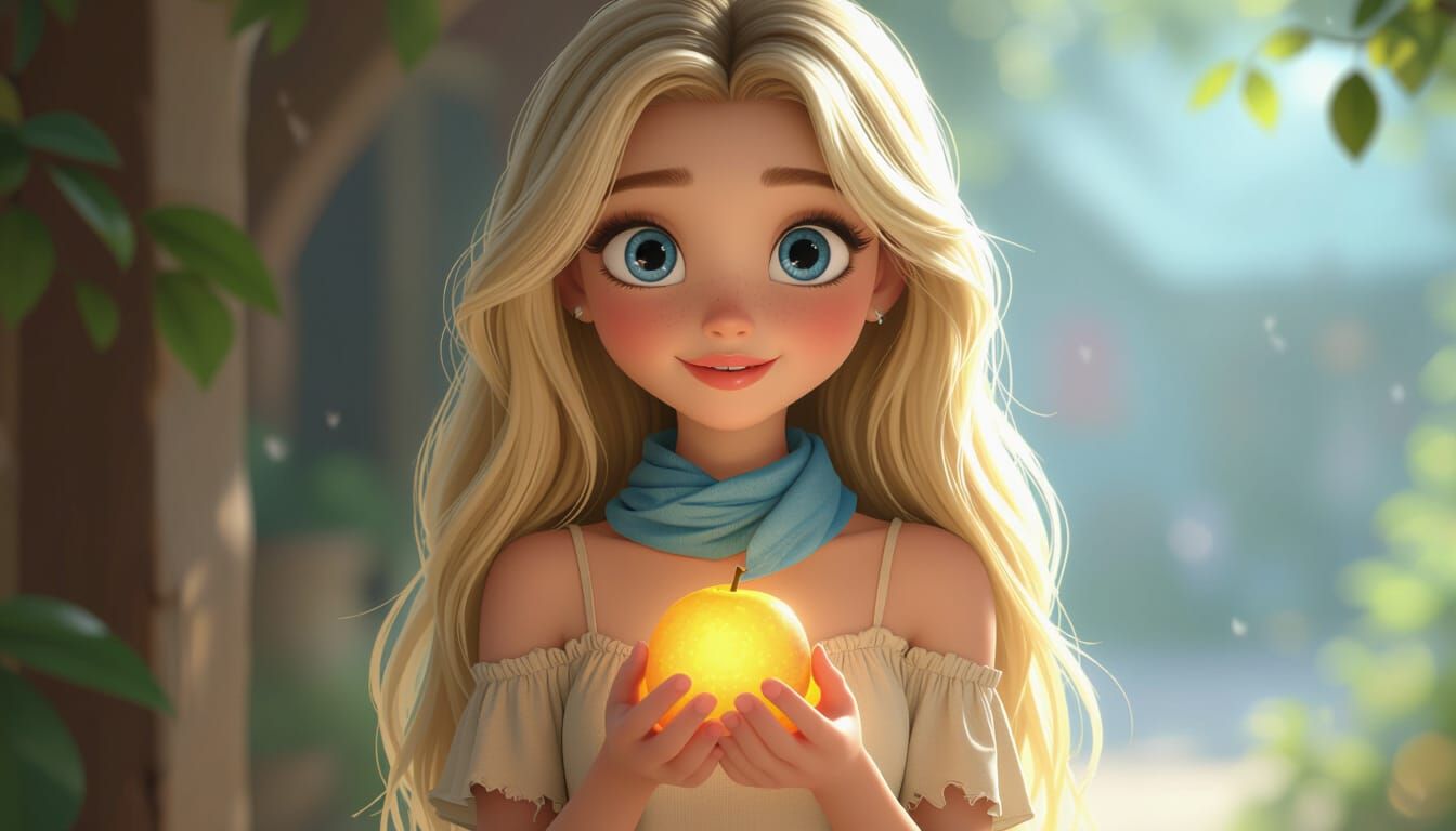 Selma Holding Glowing Fruit in Disney Pixar 3D Style