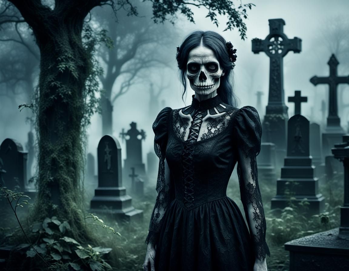 Eerie Graveyard Scene with Skeletal Woman