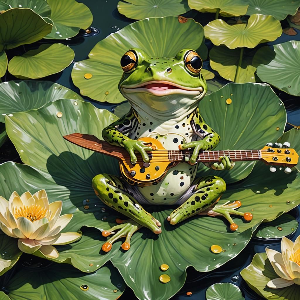 Frog Musician: Hyperrealistic Splash Art with Vibrant Colors