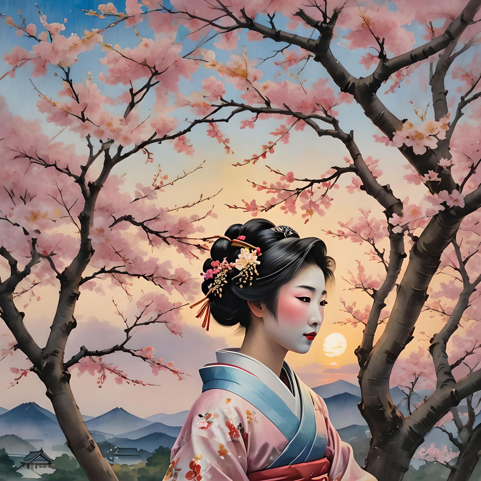 Geisha Under Cherry Blossoms: Japanese Impressionism
