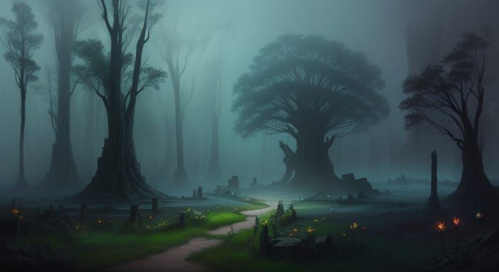 Mysterious Land With Ethereal Mist And Glowing Flora