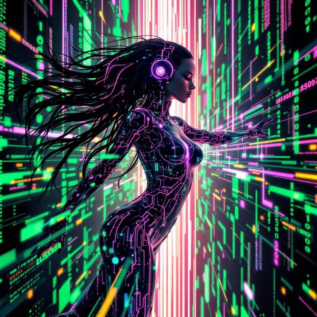 Cybernetic Figure Soaring in Emerald Digital Realm