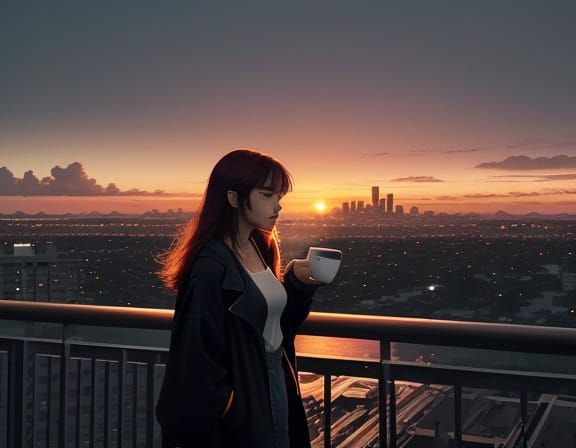 A Contemplative Anime Girl in Sunset Cityscape