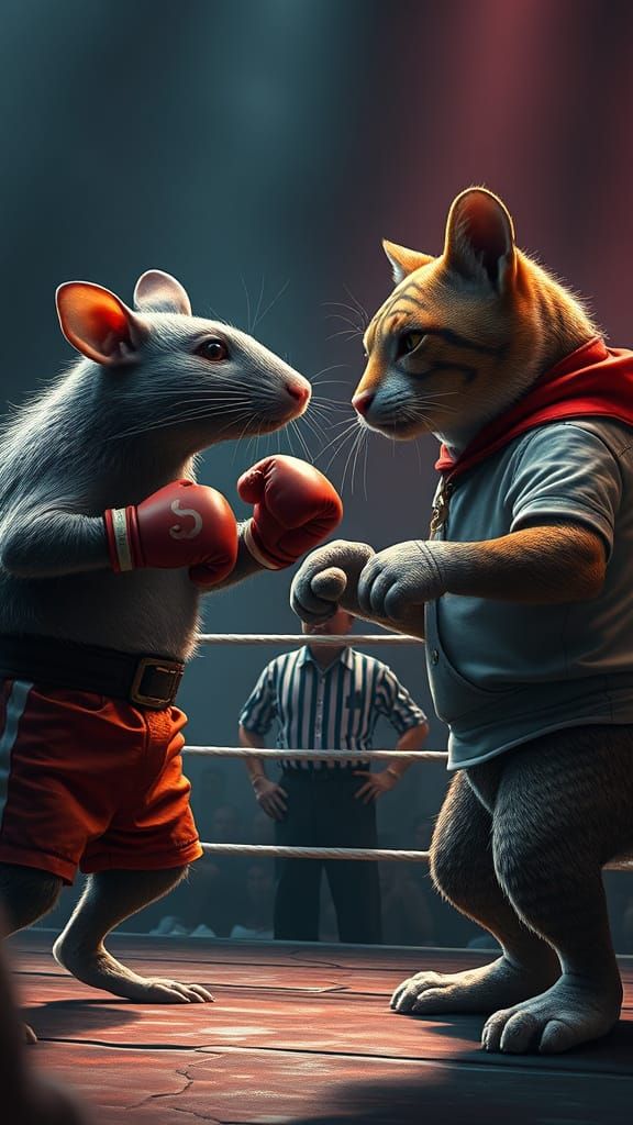 Rat vs Cat Boxing Match: Detailed Matte Painting