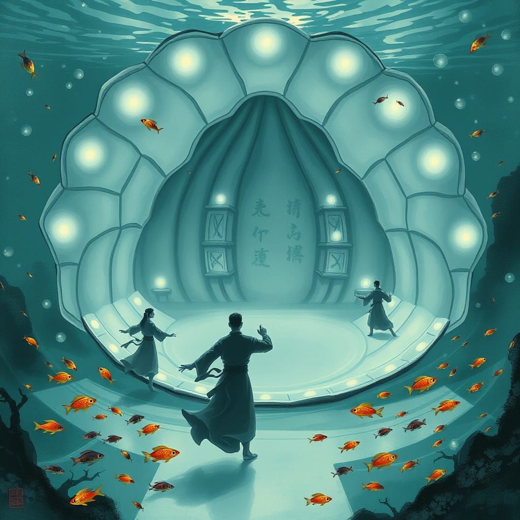 Underwater Dojo in Clam Shell, Ink Wash Painting
