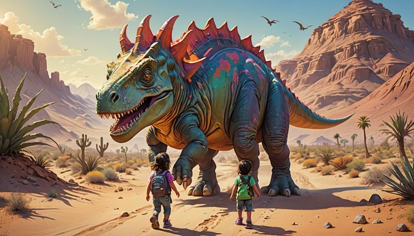 Toddler and Dinosaur Walk in Vibrant Desert