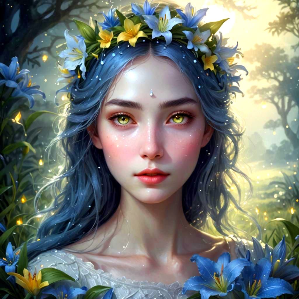 Girl with Glowing Eyes in Blue Lily Meadow