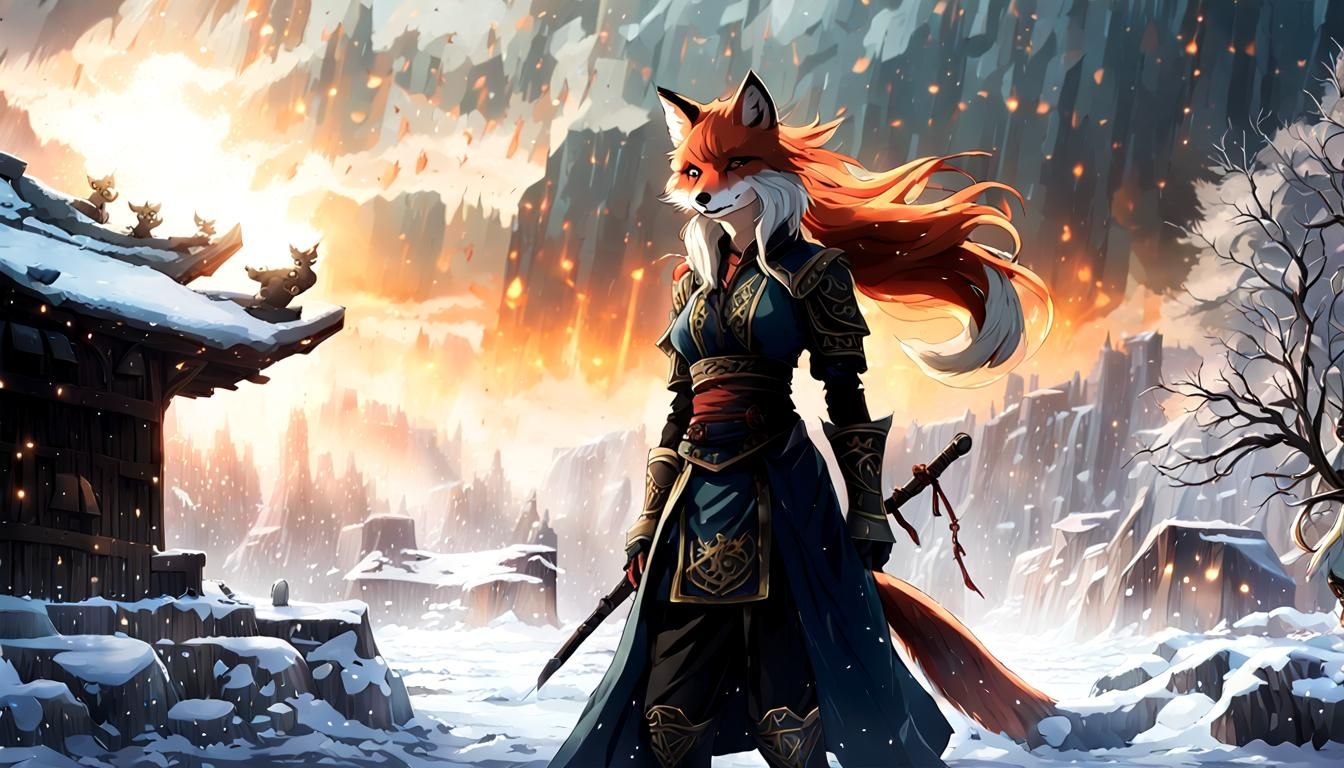 Icy Fox Girl in Blizzard, Anime Style