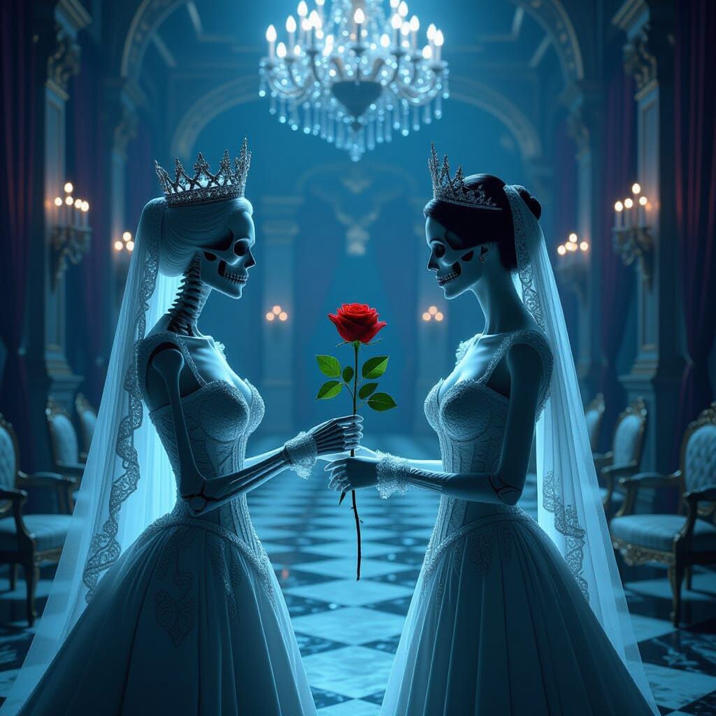 Skeletal Queen Offers Rose to Heir in Baroque Ballroom