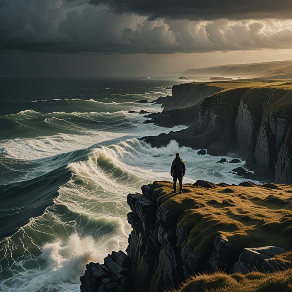 Man Overlooking Stormy Sea in Cinematic Realism