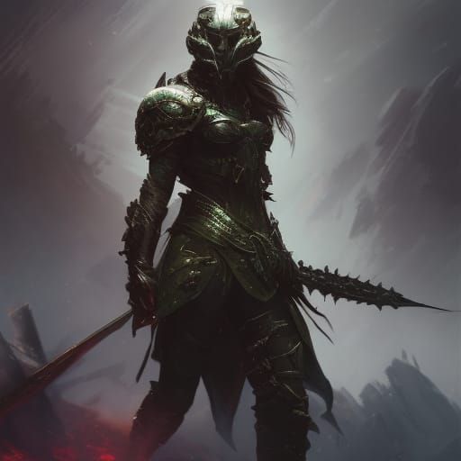 Armored Warrior with Green Eyes in Dark Fantasy Style