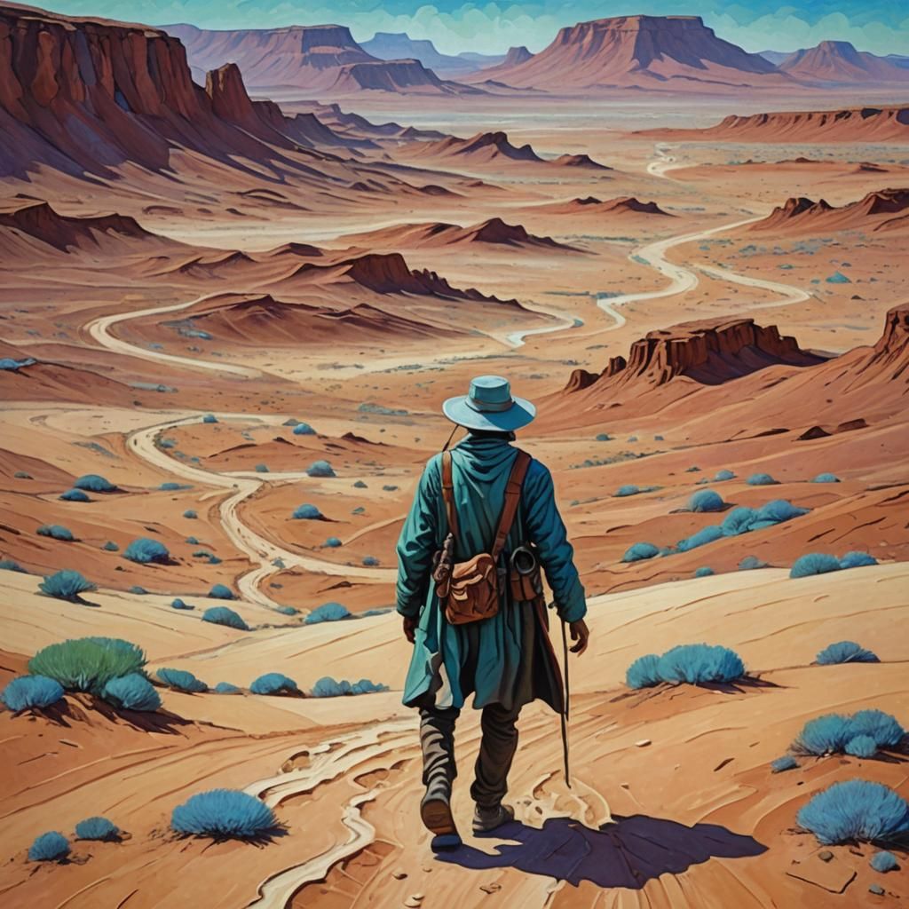 Lone Wanderer in Surreal Desert, Expressionist Oil Painting