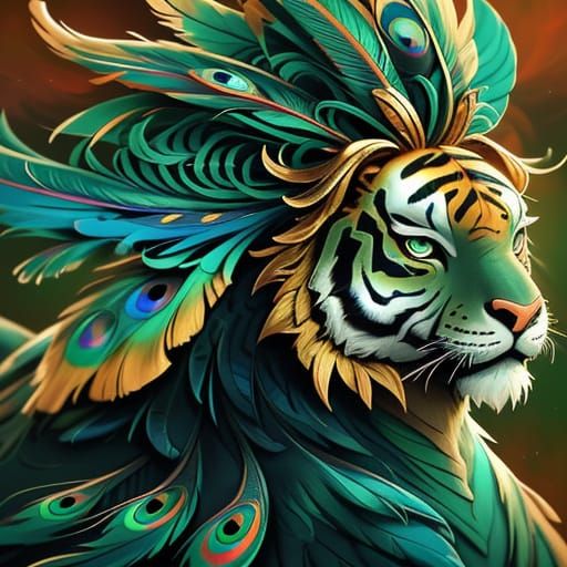 Peacock on Tiger in Vibrant Oil Painting Style