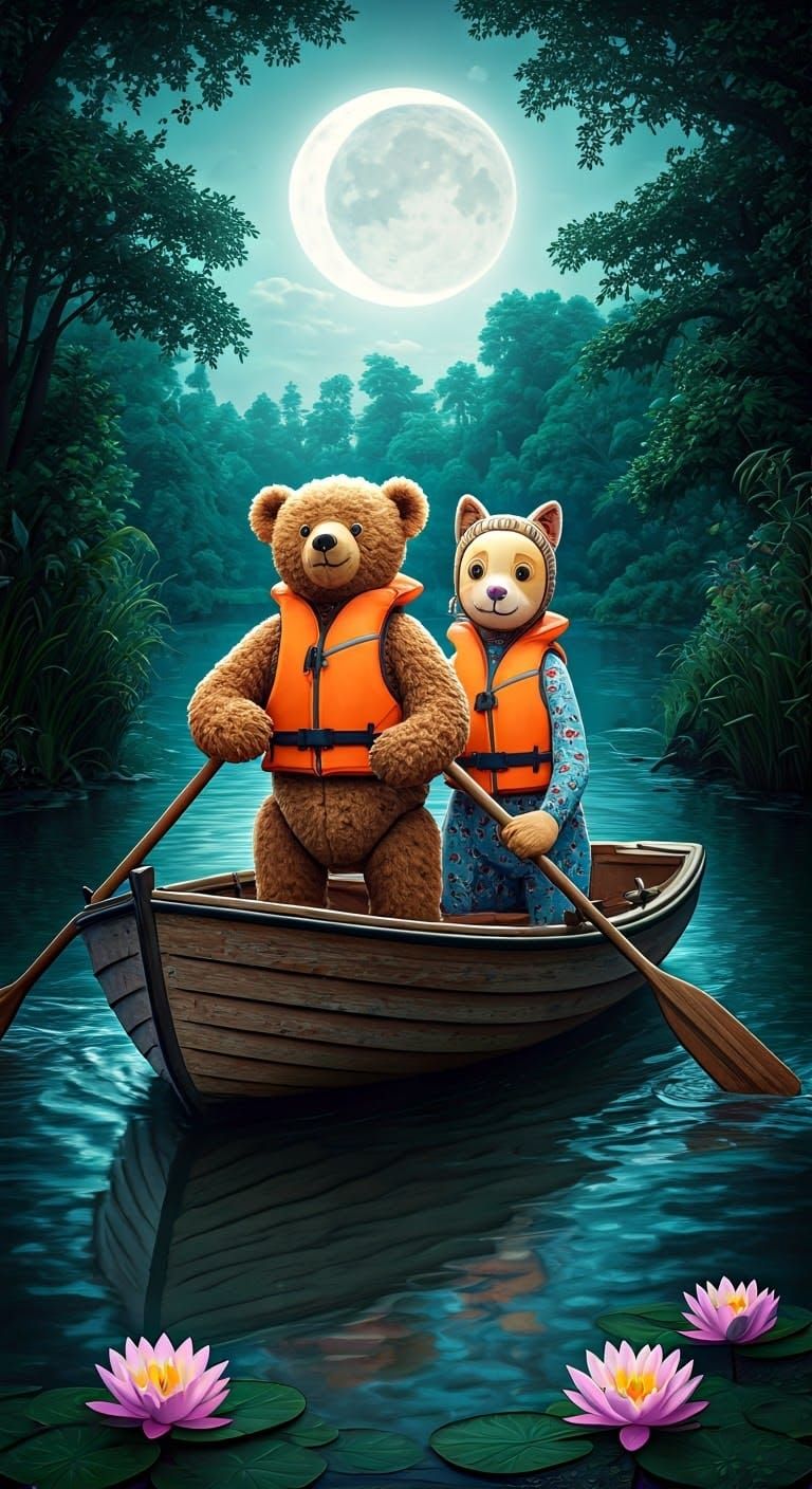 Teddy Bear and Marsha's Moonlit Rowboat Adventure