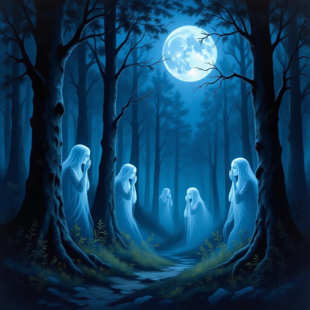 Dark Forest Spirits Whispering in Moonlight Oil Painting