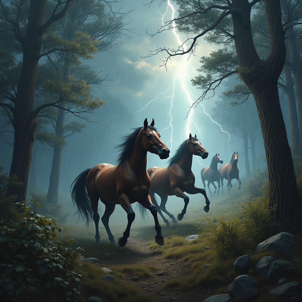 Surreal Wild Horses in Dramatic Rainstorm Tapestry
